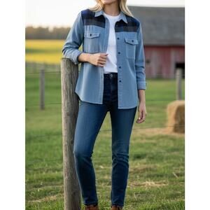 Penfield Trailwear Womens Medium Plaid Flannel Yoke Denim Jean Shirt Top Button